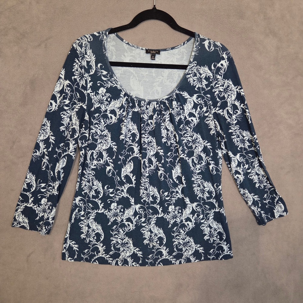Talbots Floral Scoop Neck Top Women's Medium 3/4 Sleeve Preppy Classic Cottage